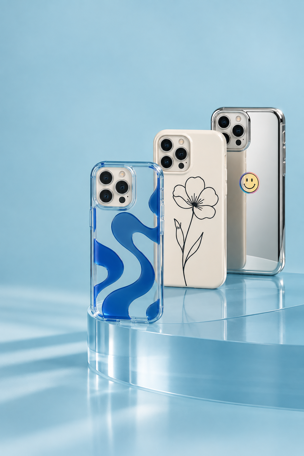 Três capas YOURS. minimalistas em tons de azul, creme e prata
